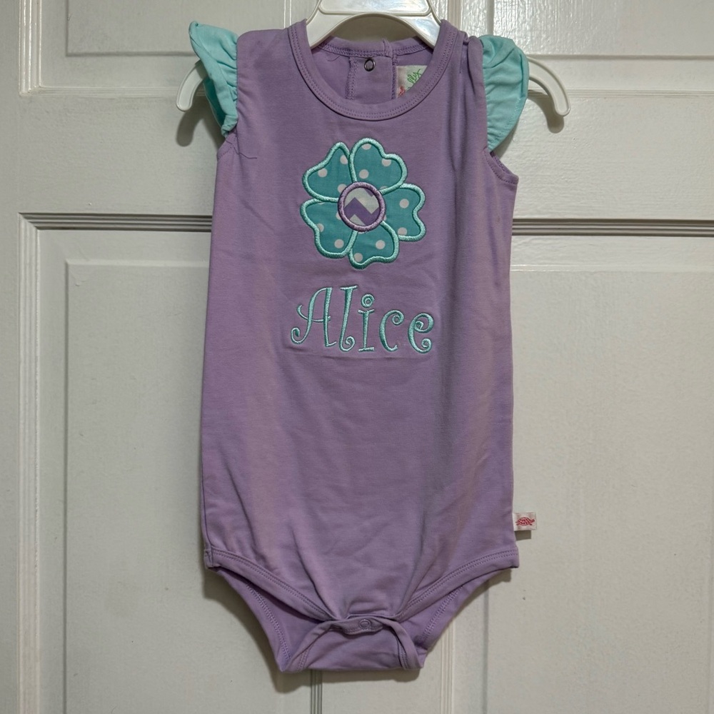“Alice” Monogrammed Outfit Flower Purple Blue Embroidered Ruffle 12-18 Months